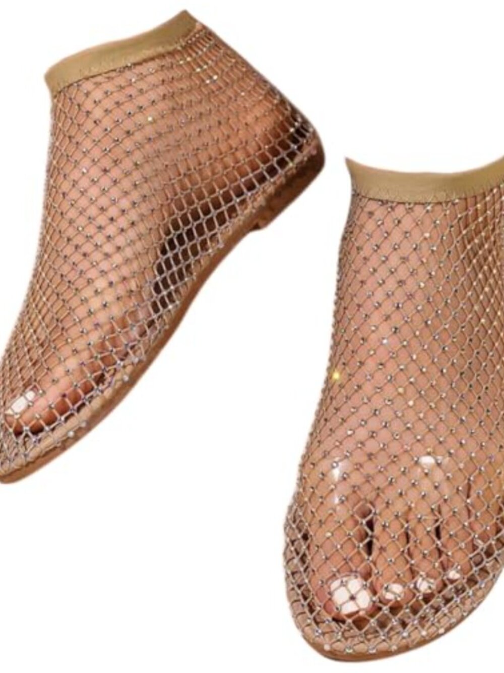 Women's Fishnet Flats Rhinestone Mesh Slip On Low Heel Sandals